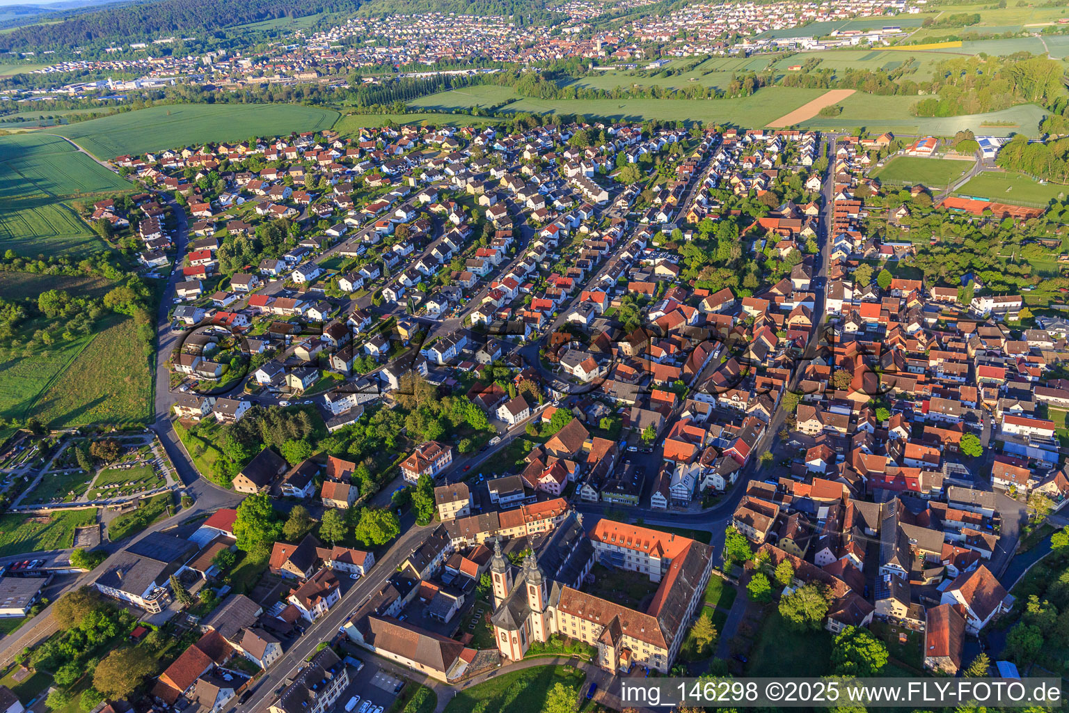 View from the west in the morning in the Tauber valley in the district Gerlachsheim in Lauda-Königshofen in the state Baden-Wuerttemberg, Germany