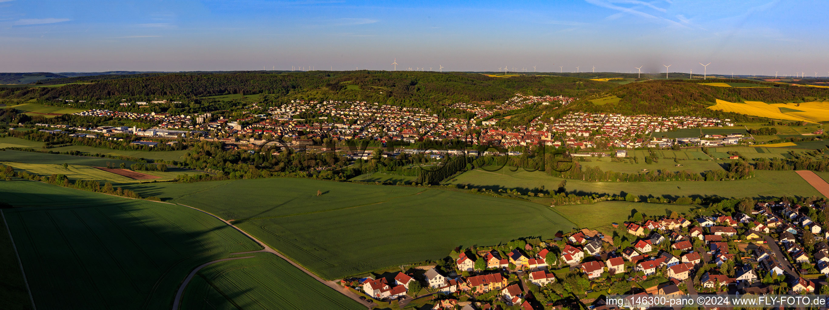 Panorama of the city in the Tauber Valley from the northeast in the district Lauda in Lauda-Königshofen in the state Baden-Wuerttemberg, Germany