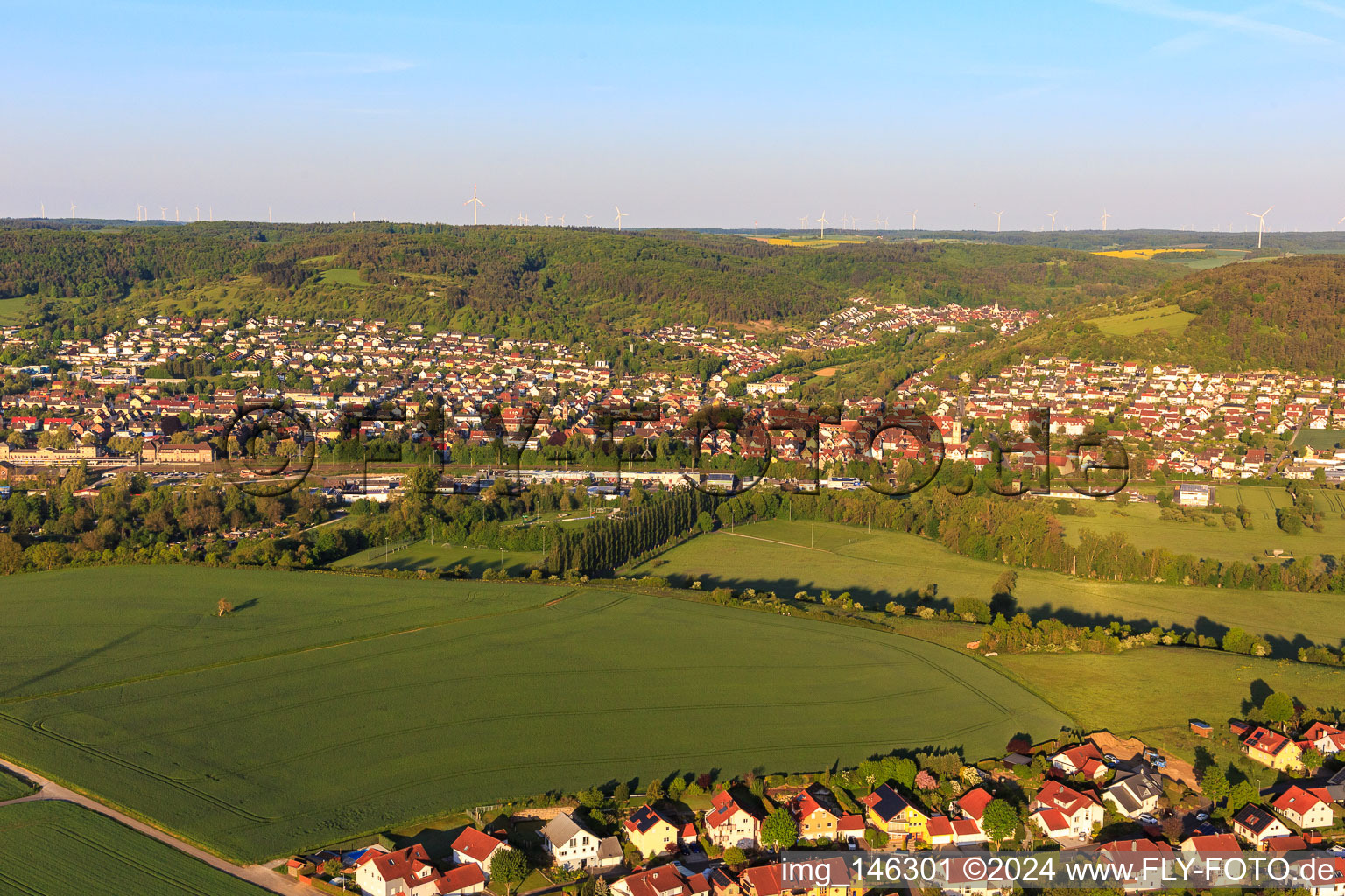View from the west in the morning in the Tauber valley in the district Lauda in Lauda-Königshofen in the state Baden-Wuerttemberg, Germany