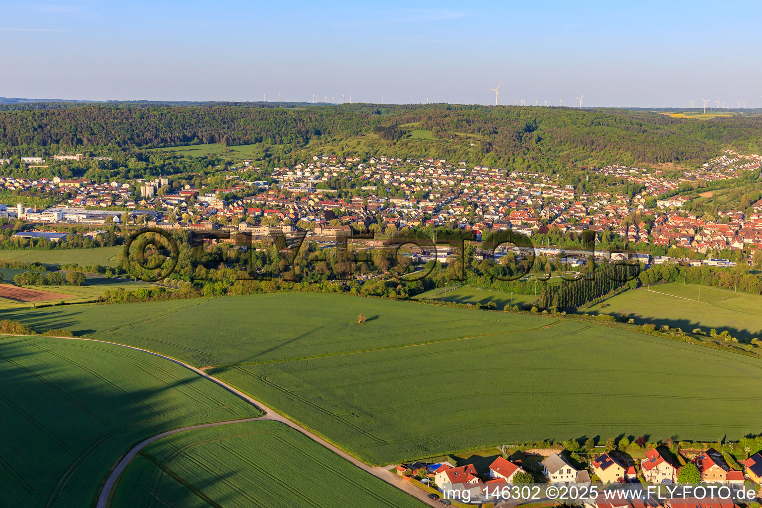 View from the northwest in the morning in the Tauber valley in the district Lauda in Lauda-Königshofen in the state Baden-Wuerttemberg, Germany