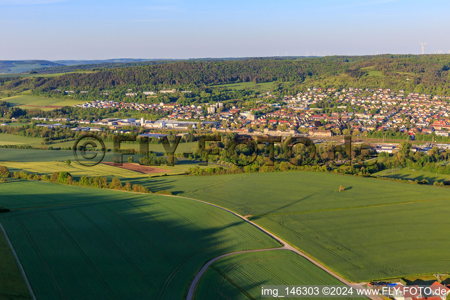 Aerial view of View from the northwest in the morning in the Tauber valley in the district Lauda in Lauda-Königshofen in the state Baden-Wuerttemberg, Germany