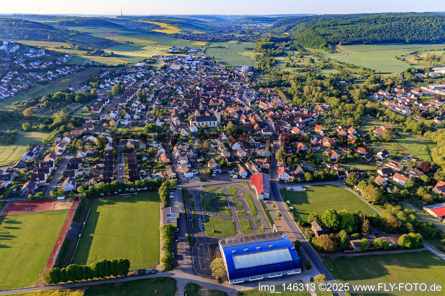 View from the north in the morning in the Tauber valley in the district Königshofen in Lauda-Königshofen in the state Baden-Wuerttemberg, Germany