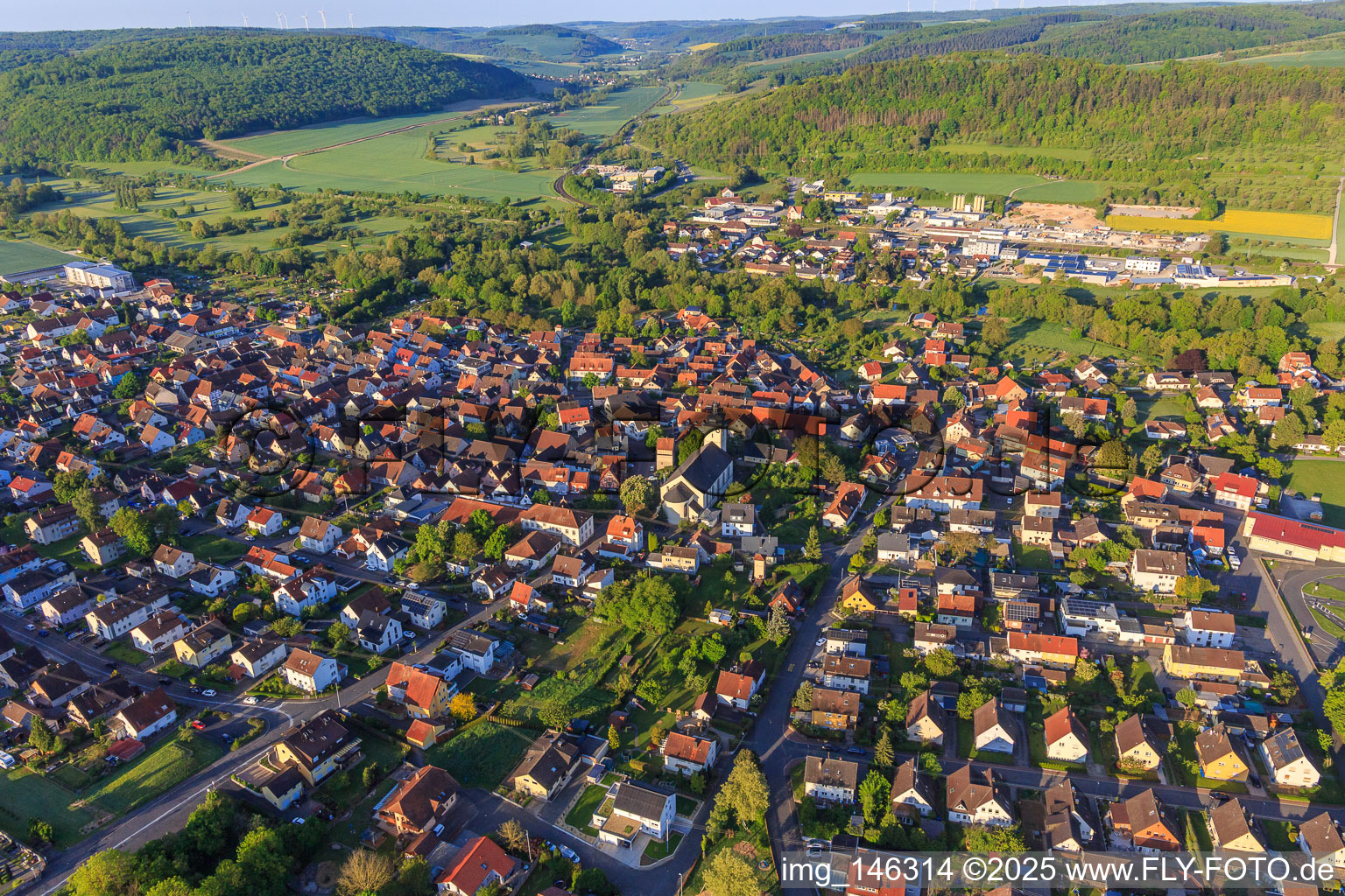 Aerial view of View from the north in the morning in the Tauber valley in the district Königshofen in Lauda-Königshofen in the state Baden-Wuerttemberg, Germany