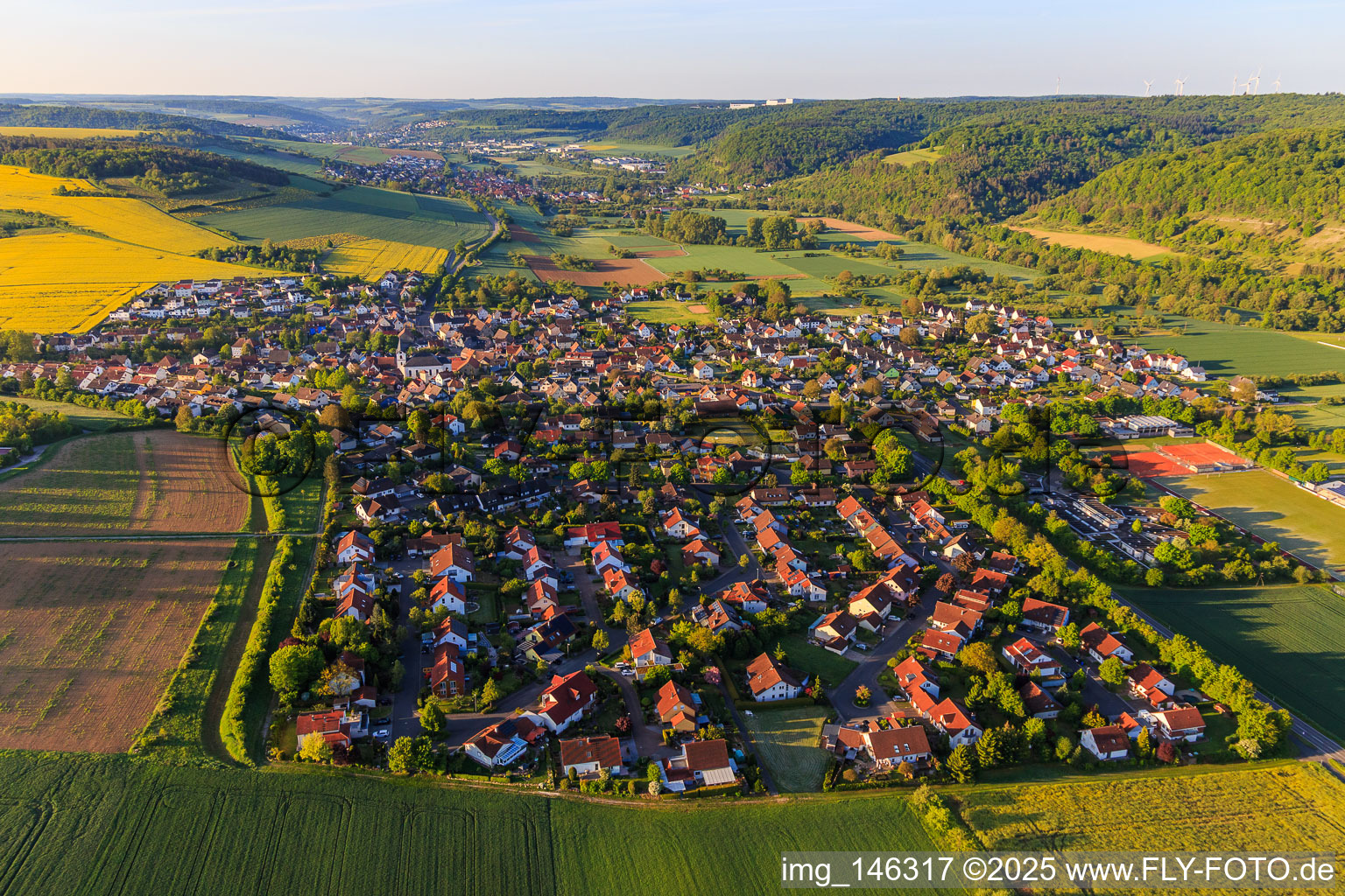 View from the north in the morning in the Tauber valley in the district Unterbalbach in Lauda-Königshofen in the state Baden-Wuerttemberg, Germany