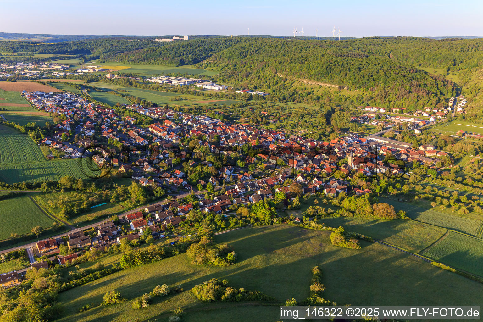 View from the north in the morning in the Tauber valley in the district Edelfingen in Bad Mergentheim in the state Baden-Wuerttemberg, Germany