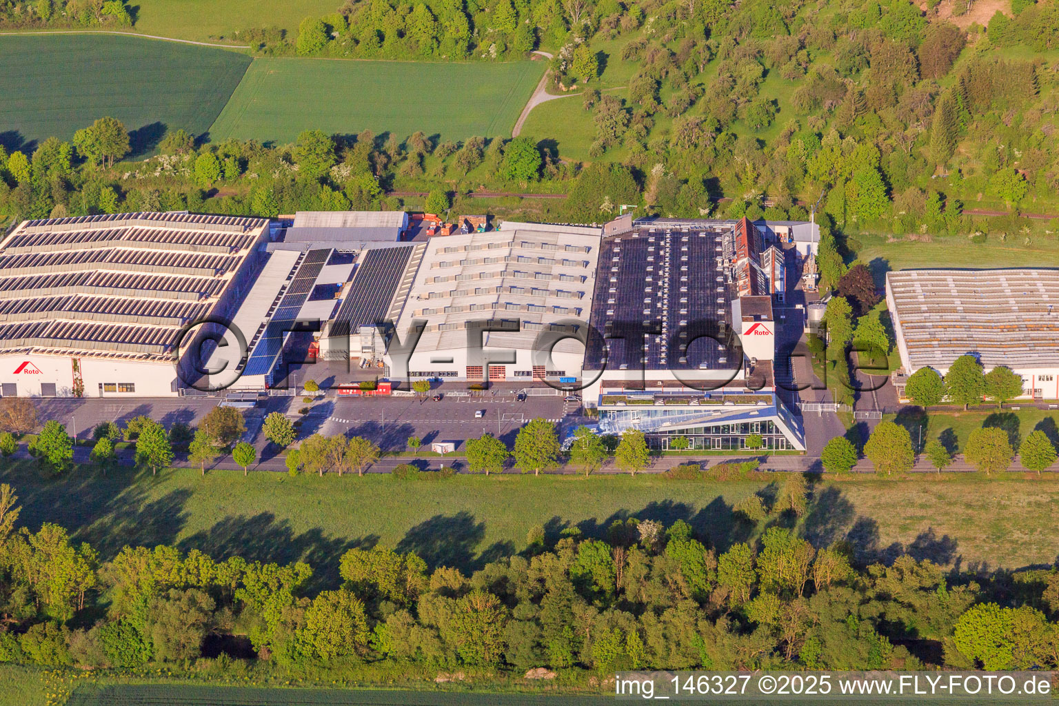 Aerial view of Roto Campus and Roto Frank DST Produktions-GmbH as well as PALUX Aktiengesellschaft in the district Edelfingen in Bad Mergentheim in the state Baden-Wuerttemberg, Germany
