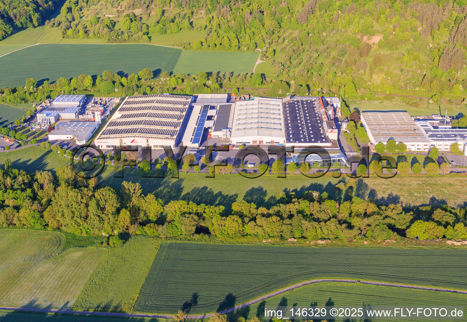 Aerial view of Roto Campus and Roto Frank DST Produktions-GmbH as well as MAAS Bauzentrum GmbH in the district Edelfingen in Bad Mergentheim in the state Baden-Wuerttemberg, Germany