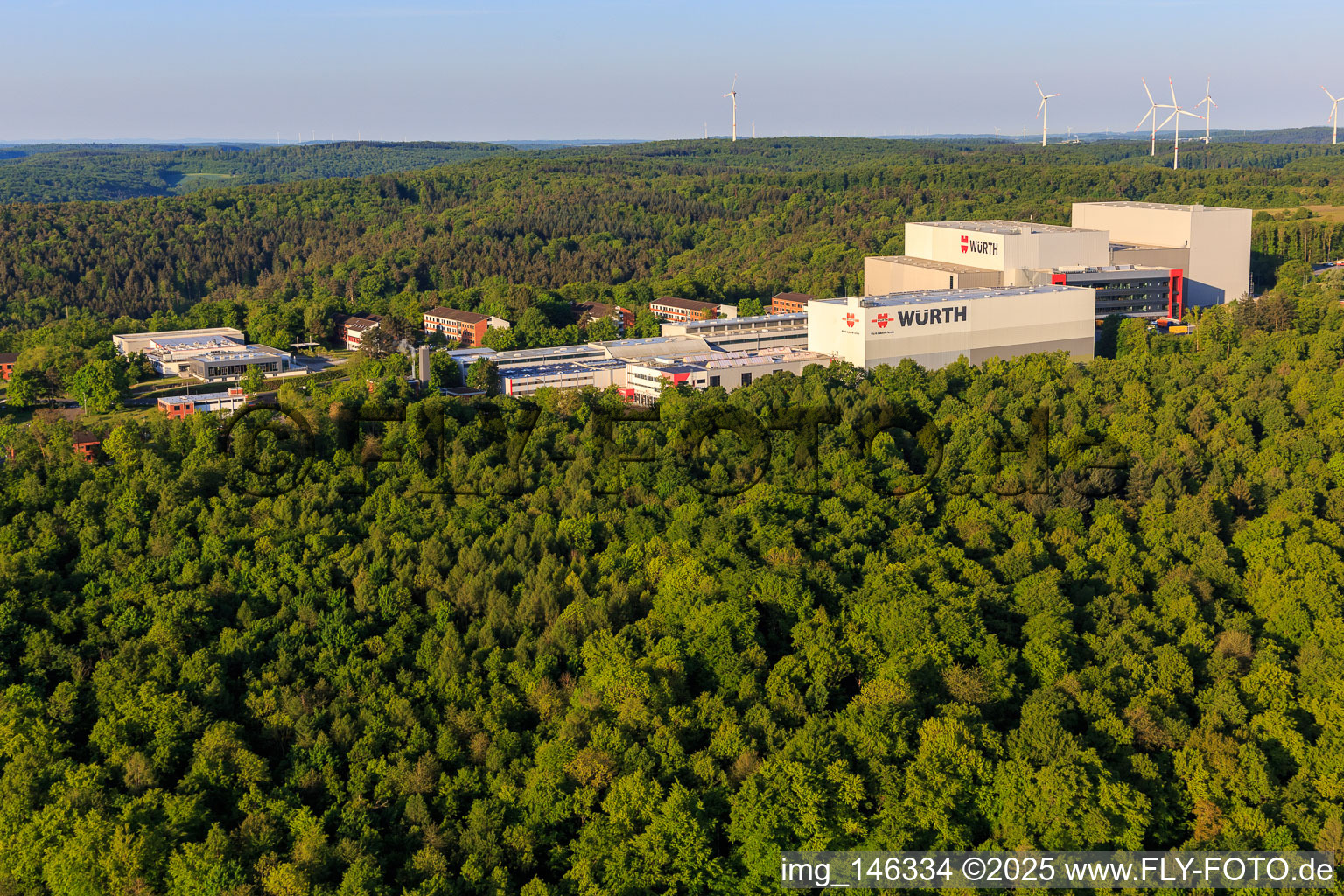 Aerial view of Würth Industrie Service GmbH & Co. KG on the Drillberg from Norden in Bad Mergentheim in the state Baden-Wuerttemberg, Germany