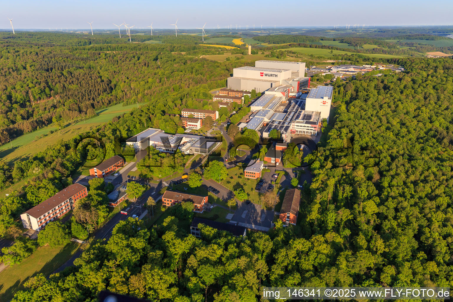 Aerial view of Würth Industrie Service GmbH & Co. KG on the Drillberg from the east in Bad Mergentheim in the state Baden-Wuerttemberg, Germany