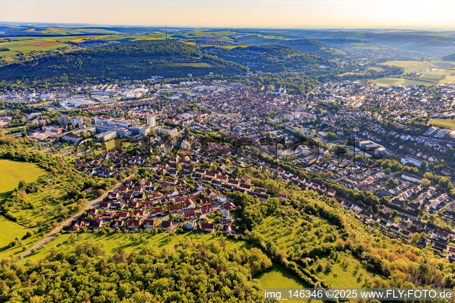 City view in the Tauber Valley in the morning from the southwest in Bad Mergentheim in the state Baden-Wuerttemberg, Germany