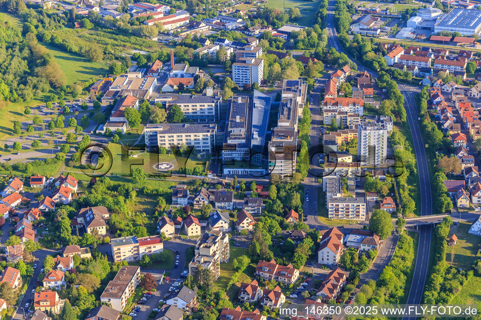 Aerial view of Caritas Hospital Bad Mergentheim gGmbH with helipad in Bad Mergentheim in the state Baden-Wuerttemberg, Germany