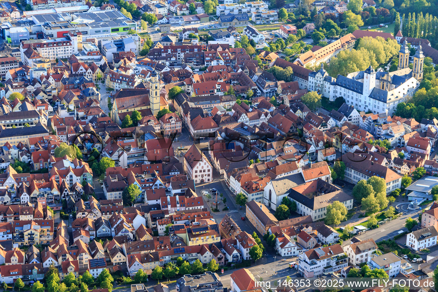 Old town with Old Town Hall, Market Square, Twin Houses and St. John's Cathedral in Bad Mergentheim in the state Baden-Wuerttemberg, Germany