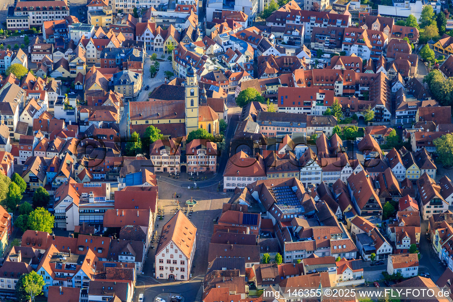 Aerial view of Old town with Old Town Hall, Market Square, Twin Houses and St. John's Cathedral in Bad Mergentheim in the state Baden-Wuerttemberg, Germany
