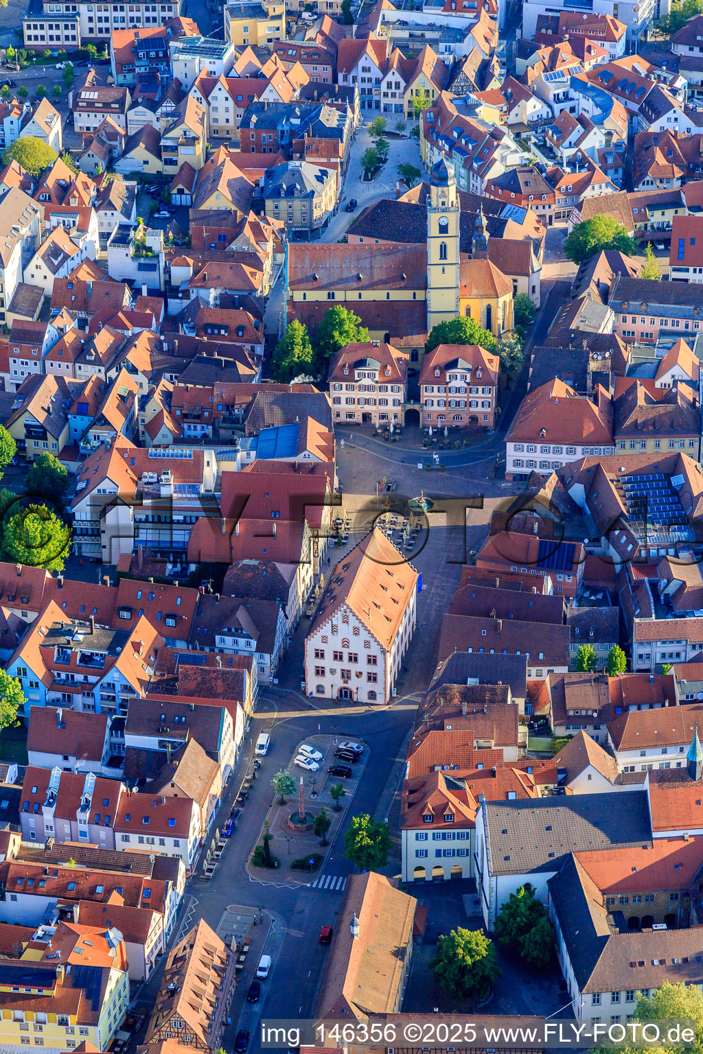 Aerial photograpy of Old town with Old Town Hall, Market Square, Twin Houses and St. John's Cathedral in Bad Mergentheim in the state Baden-Wuerttemberg, Germany