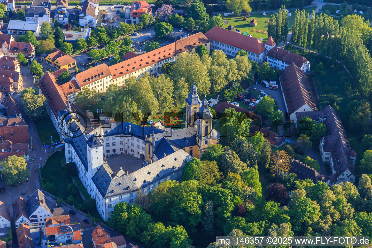 Aerial view of Teutonic Order Museum in the Mergentheim Residence Palace in Bad Mergentheim in the state Baden-Wuerttemberg, Germany
