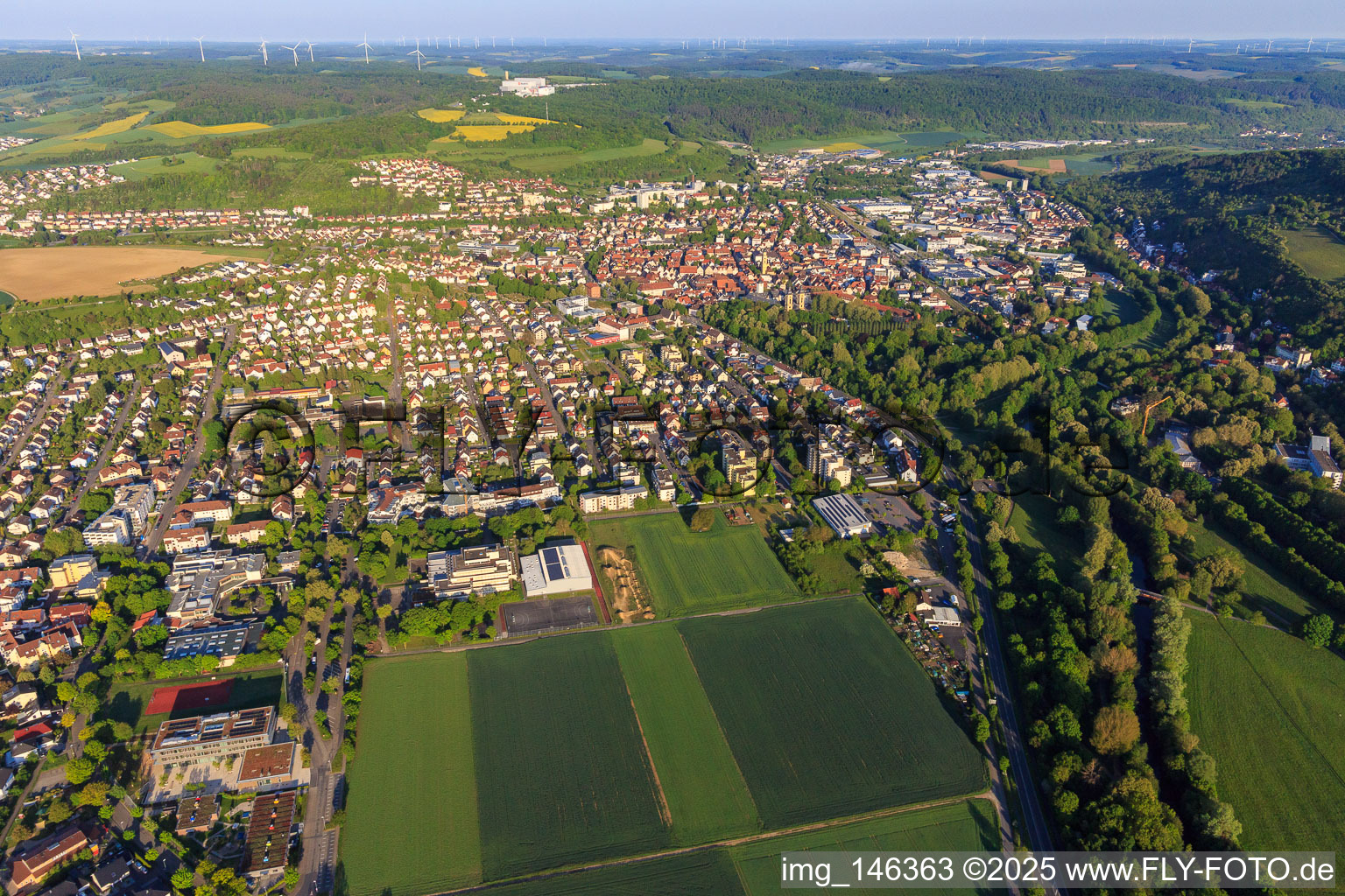 Aerial view of City view in the Tauber Valley from the east in Bad Mergentheim in the state Baden-Wuerttemberg, Germany