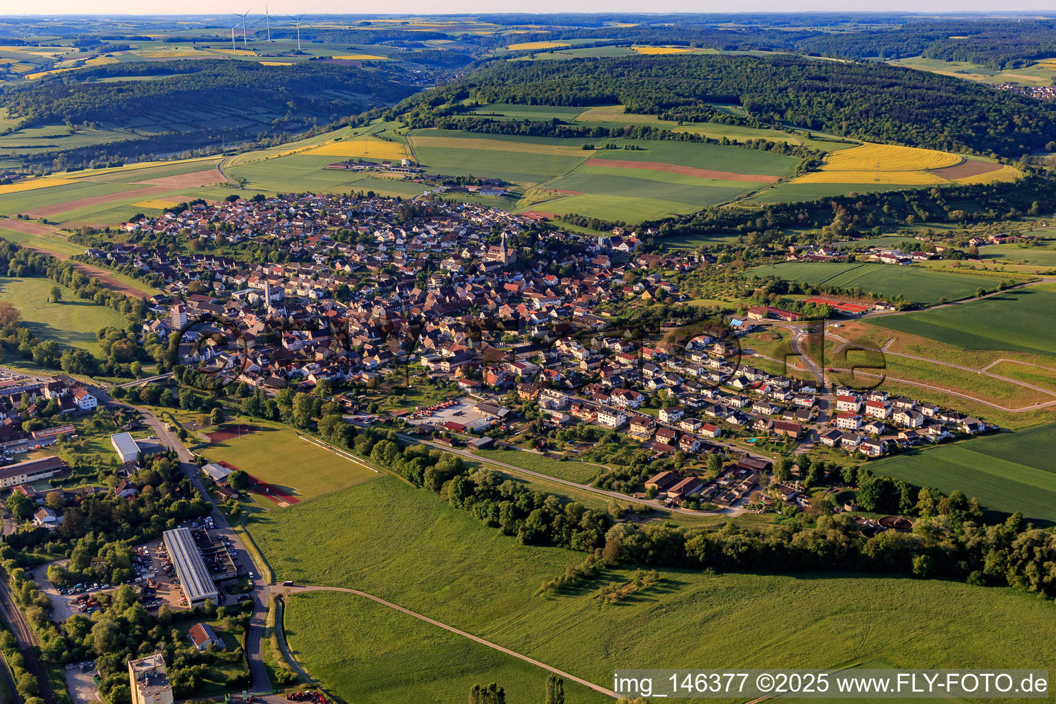View of the Tauber Valley from the northwest in the district Markelsheim in Bad Mergentheim in the state Baden-Wuerttemberg, Germany