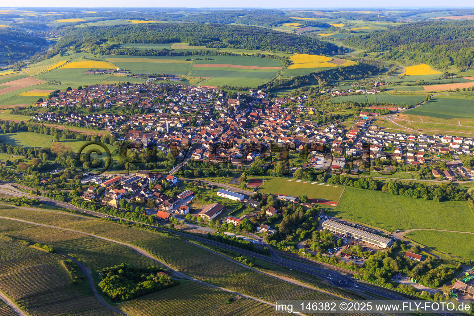 View of the Tauber Valley from the north in the district Markelsheim in Bad Mergentheim in the state Baden-Wuerttemberg, Germany