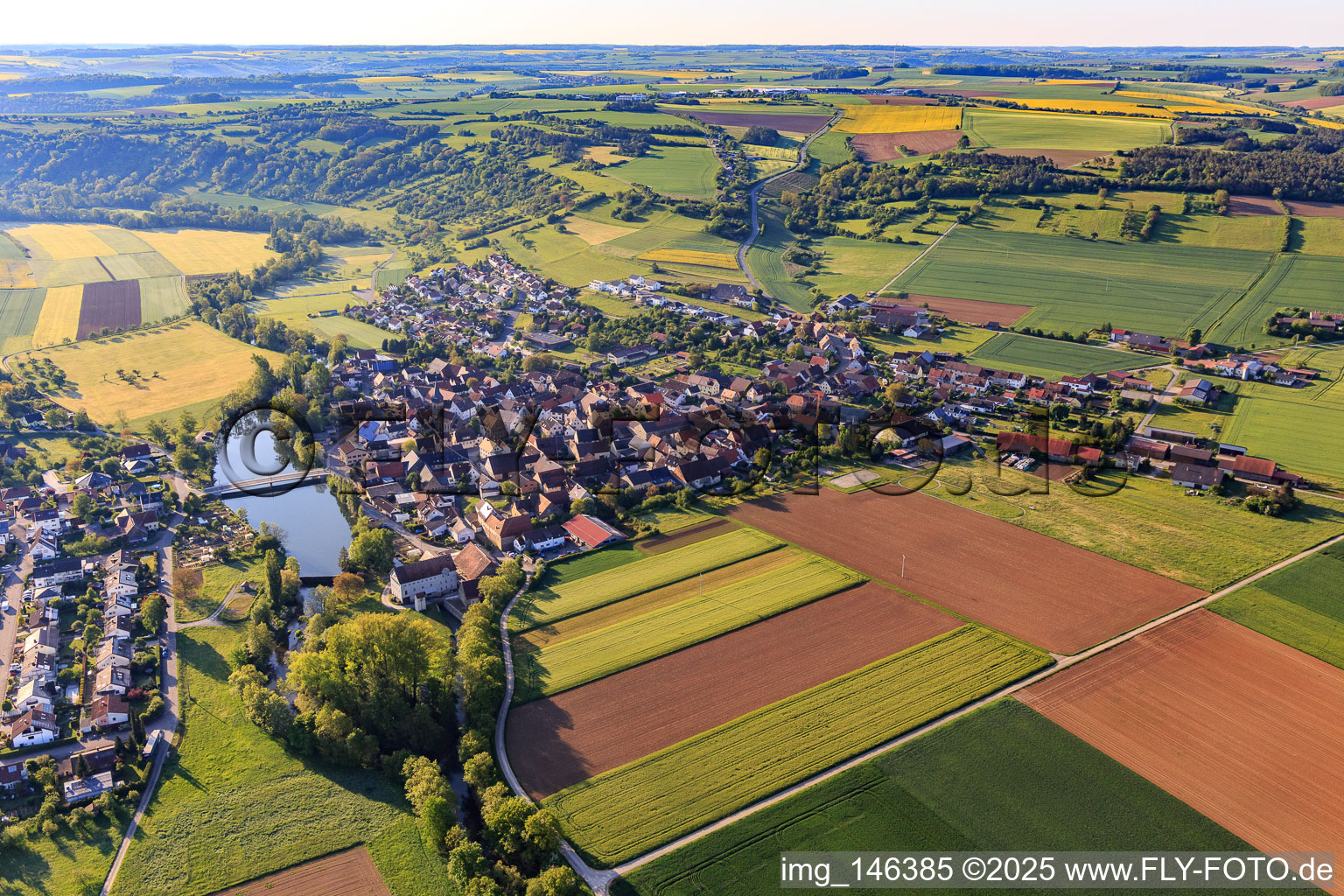 Aerial view of View of the town with Tauberstrand from the west in the district Elpersheim in Weikersheim in the state Baden-Wuerttemberg, Germany