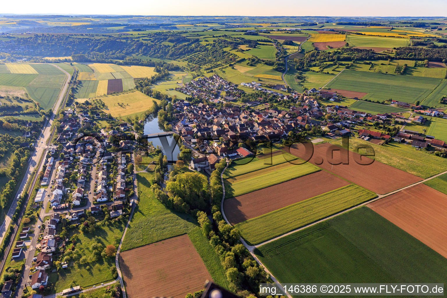 Aerial photograpy of View of the town with Tauberstrand from the west in the district Elpersheim in Weikersheim in the state Baden-Wuerttemberg, Germany