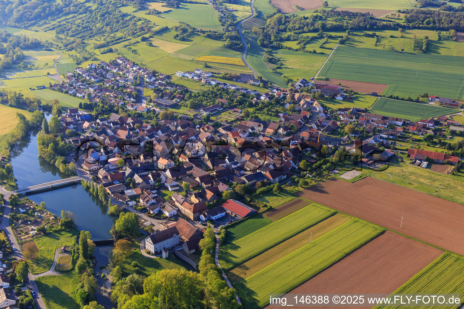Overview of the town from the west in the district Elpersheim in Weikersheim in the state Baden-Wuerttemberg, Germany