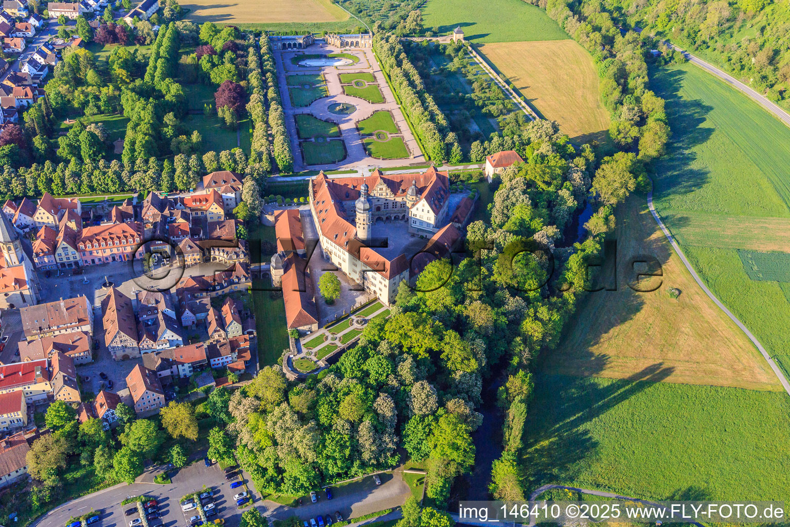 Castle Weikersheim with rose garden, alchemy and witch garden in Weikersheim in the state Baden-Wuerttemberg, Germany