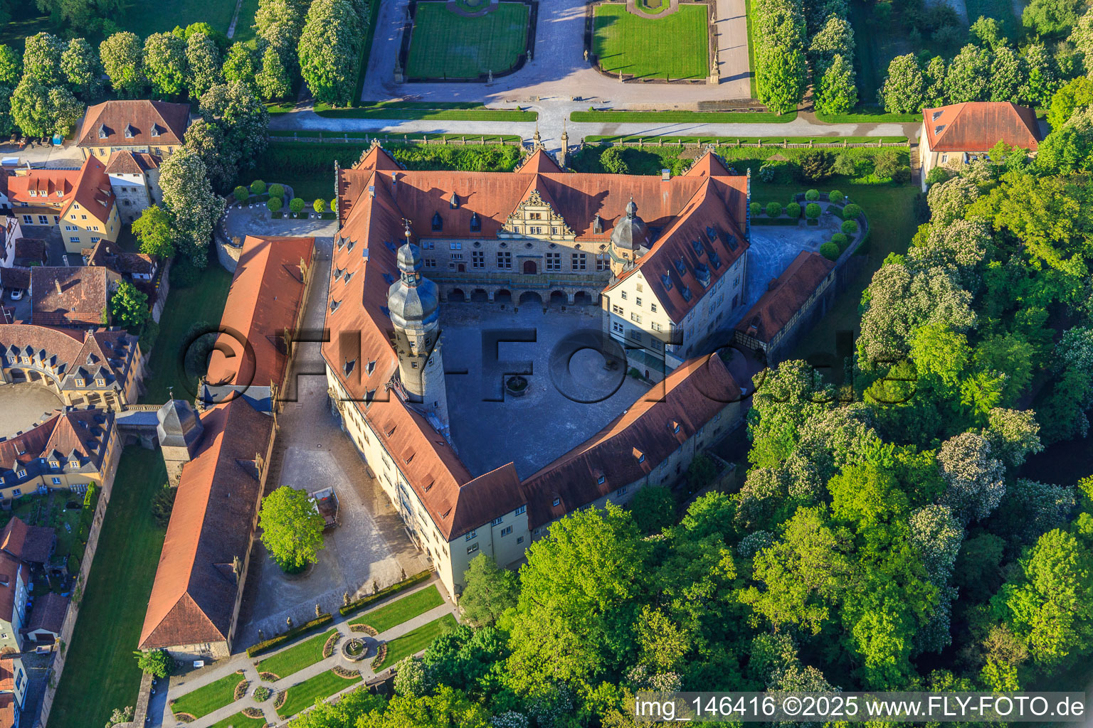 Aerial view of Castle Weikersheim with rose garden, alchemy and witch garden in Weikersheim in the state Baden-Wuerttemberg, Germany