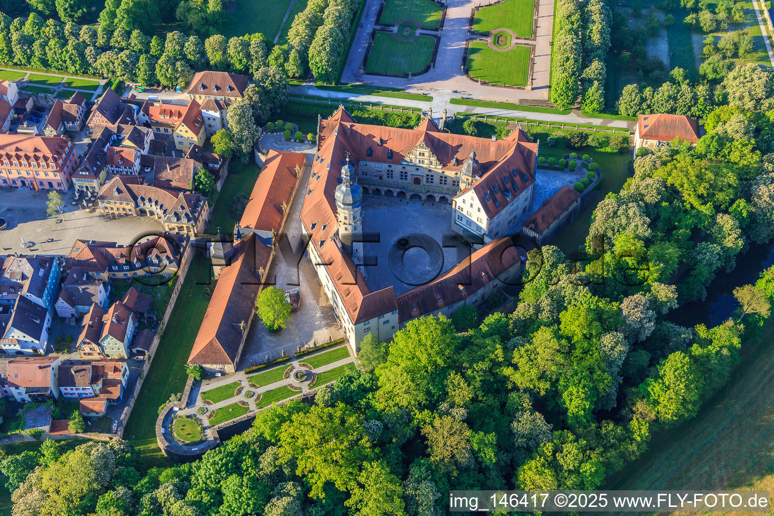 Aerial photograpy of Castle Weikersheim with rose garden, alchemy and witch garden in Weikersheim in the state Baden-Wuerttemberg, Germany