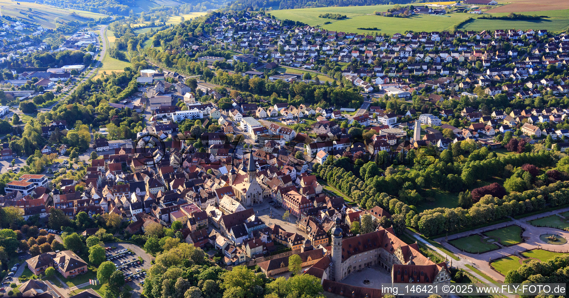 Overview of the town from the west in the morning with the end and market square in Weikersheim in the state Baden-Wuerttemberg, Germany