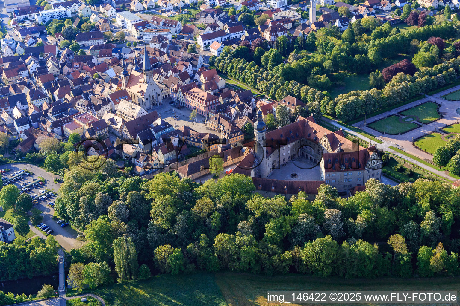 View of the town from the west in the morning with the end and market square in Weikersheim in the state Baden-Wuerttemberg, Germany