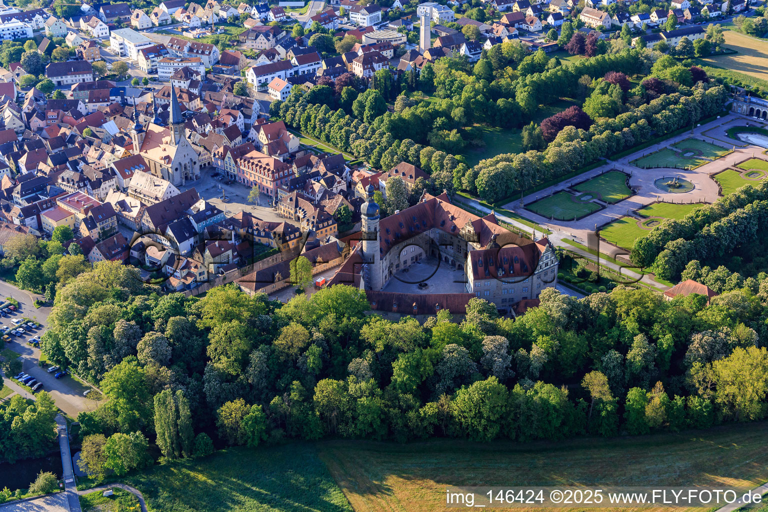 Aerial view of View of the town from the west in the morning with the end and market square in Weikersheim in the state Baden-Wuerttemberg, Germany