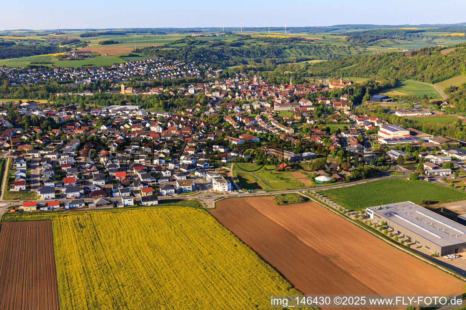 Overview of the Tauber Valley in the morning from the north in Weikersheim in the state Baden-Wuerttemberg, Germany