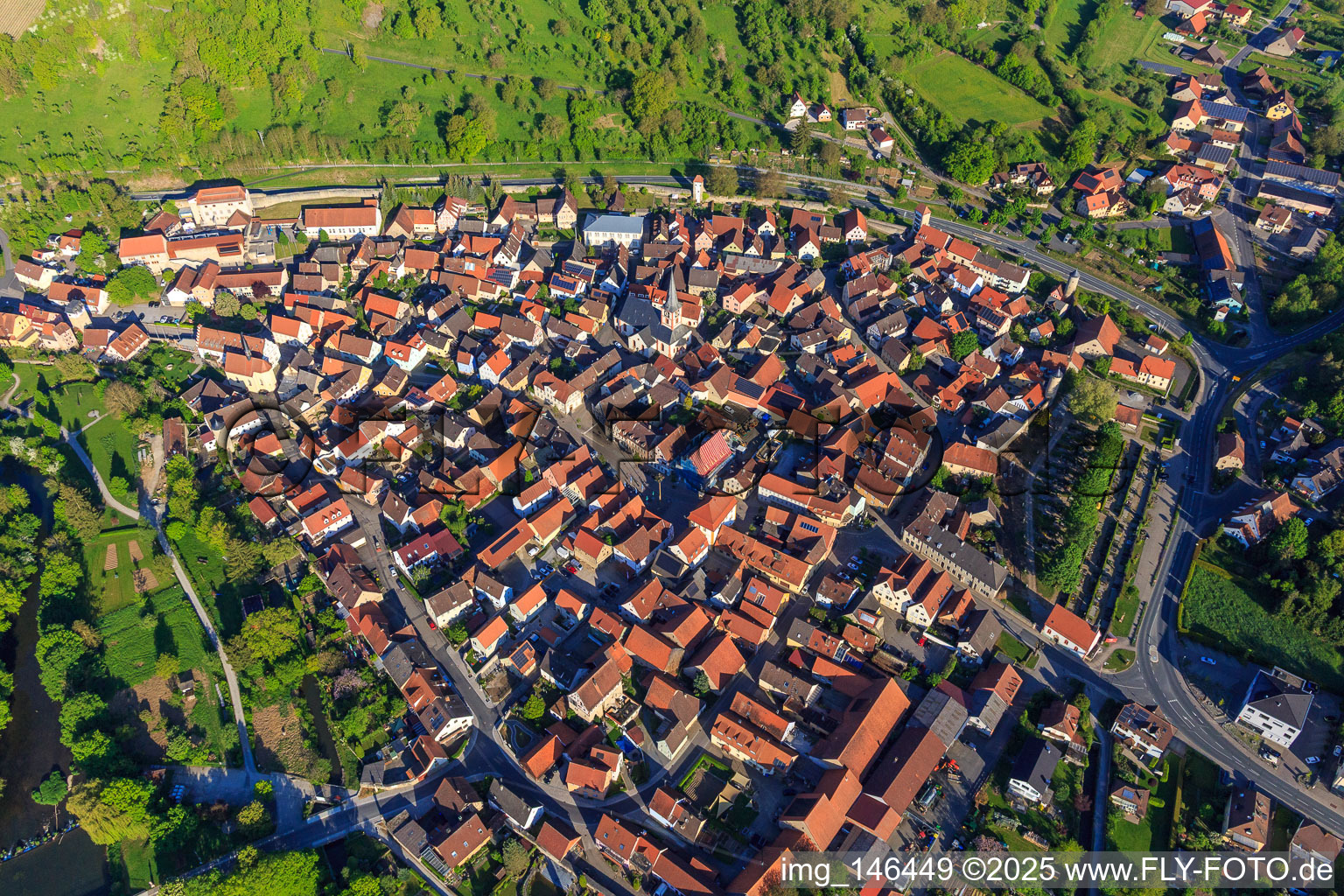 City wall, old town and market square from the east in Röttingen in the state Bavaria, Germany