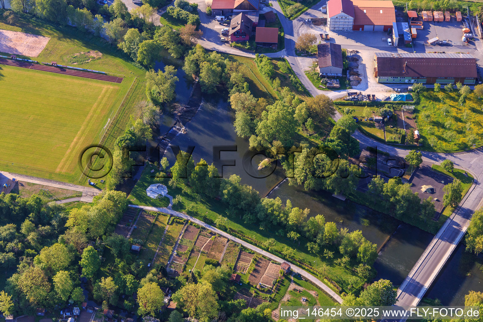 Tauberwehr Röttingen, playground and Tauber bridge in Röttingen in the state Bavaria, Germany