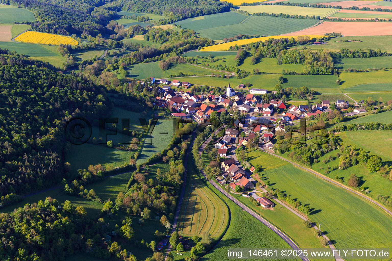 Aerial view of Village view from the north in the morning in the district Niederrimbach in Creglingen in the state Baden-Wuerttemberg, Germany