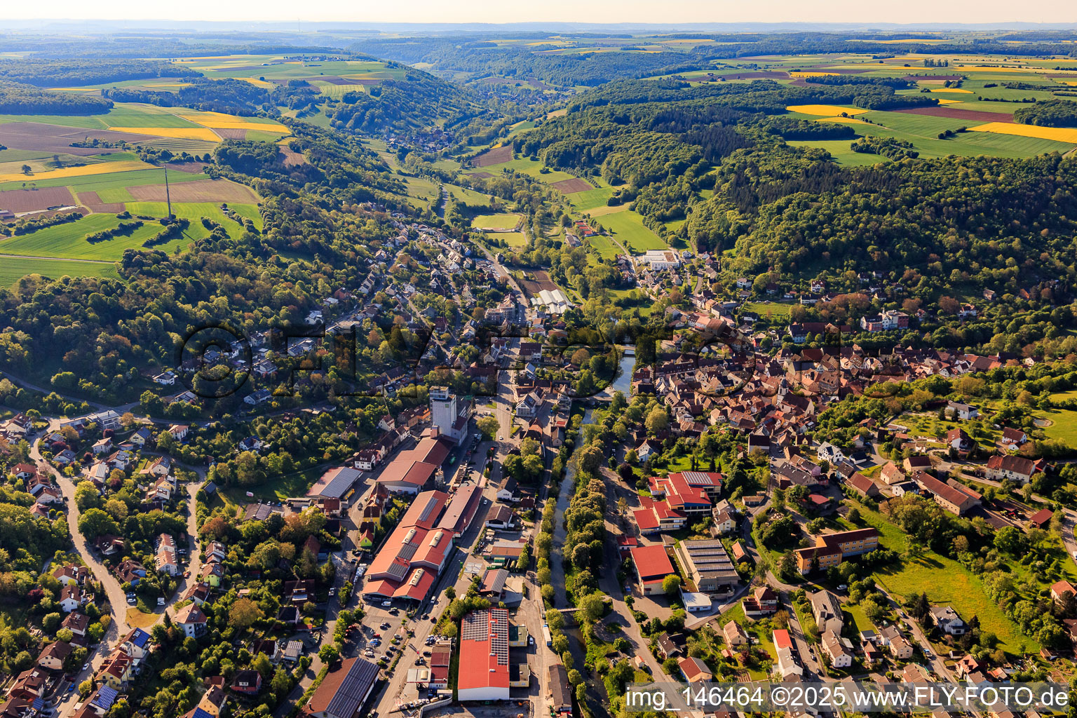 View of the Tauber Valley from the northwest in the morning in Creglingen in the state Baden-Wuerttemberg, Germany