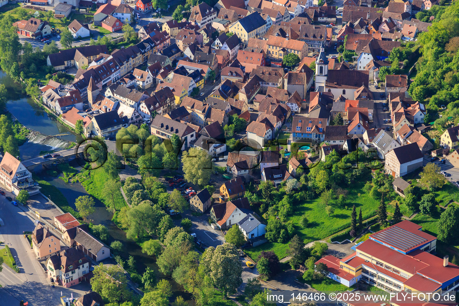 Old town from the north in the morning with Schlosserturm, Church of St. Peter and Paul and Tauberturm in Creglingen in the state Baden-Wuerttemberg, Germany