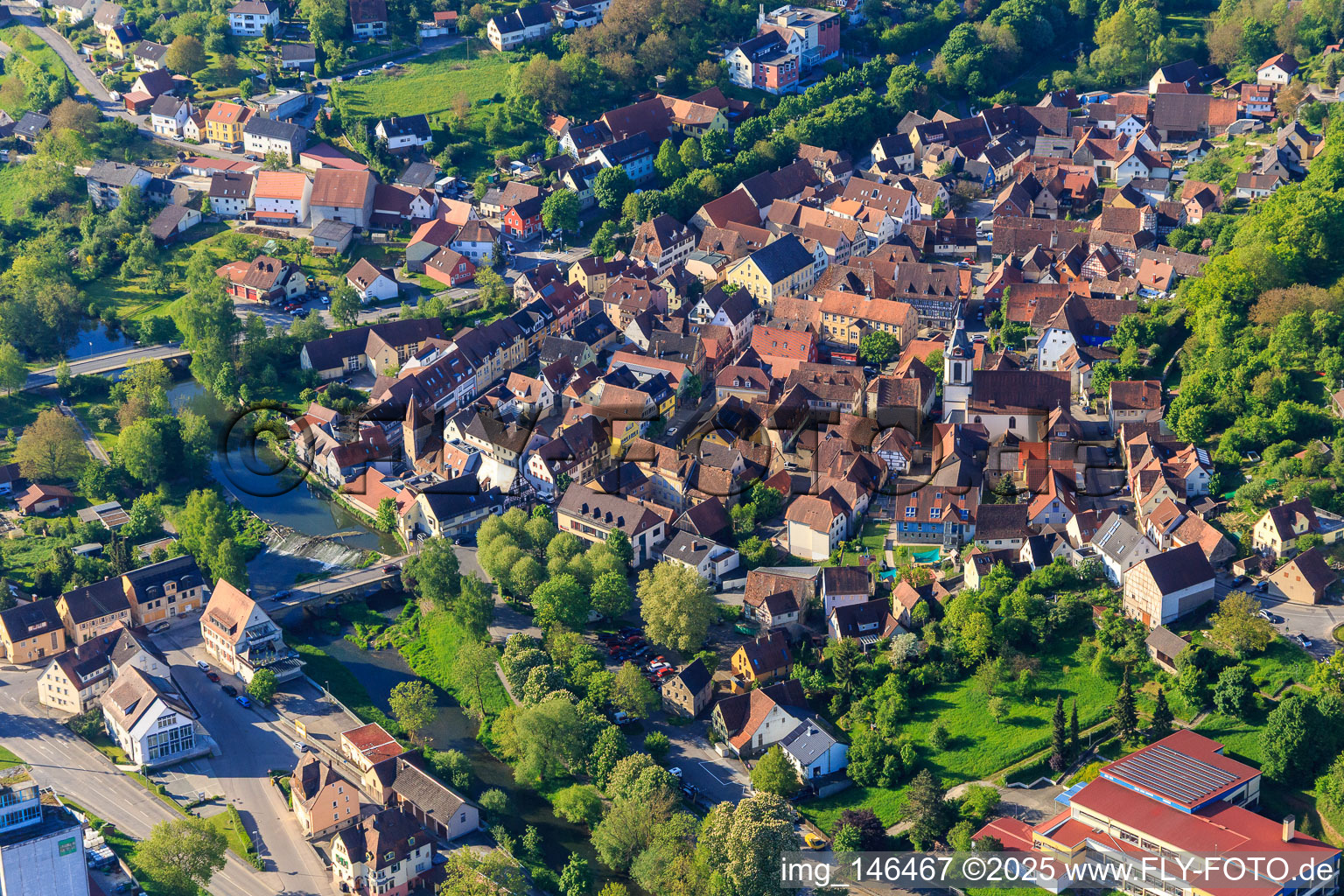 Aerial view of Old town from the north in the morning with Schlosserturm, Church of St. Peter and Paul and Tauberturm in Creglingen in the state Baden-Wuerttemberg, Germany