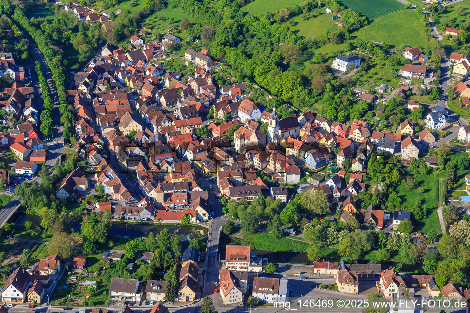 Old town from the northeast in the morning with Schlosserturm, Church of St. Peter and Paul and Tauberturm in Creglingen in the state Baden-Wuerttemberg, Germany