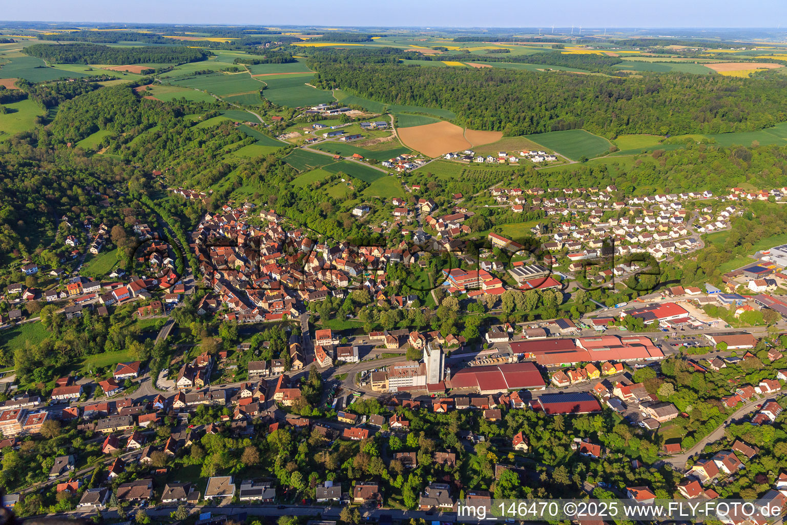 Overview of the Tauber Valley from the northeast in the morning in Creglingen in the state Baden-Wuerttemberg, Germany