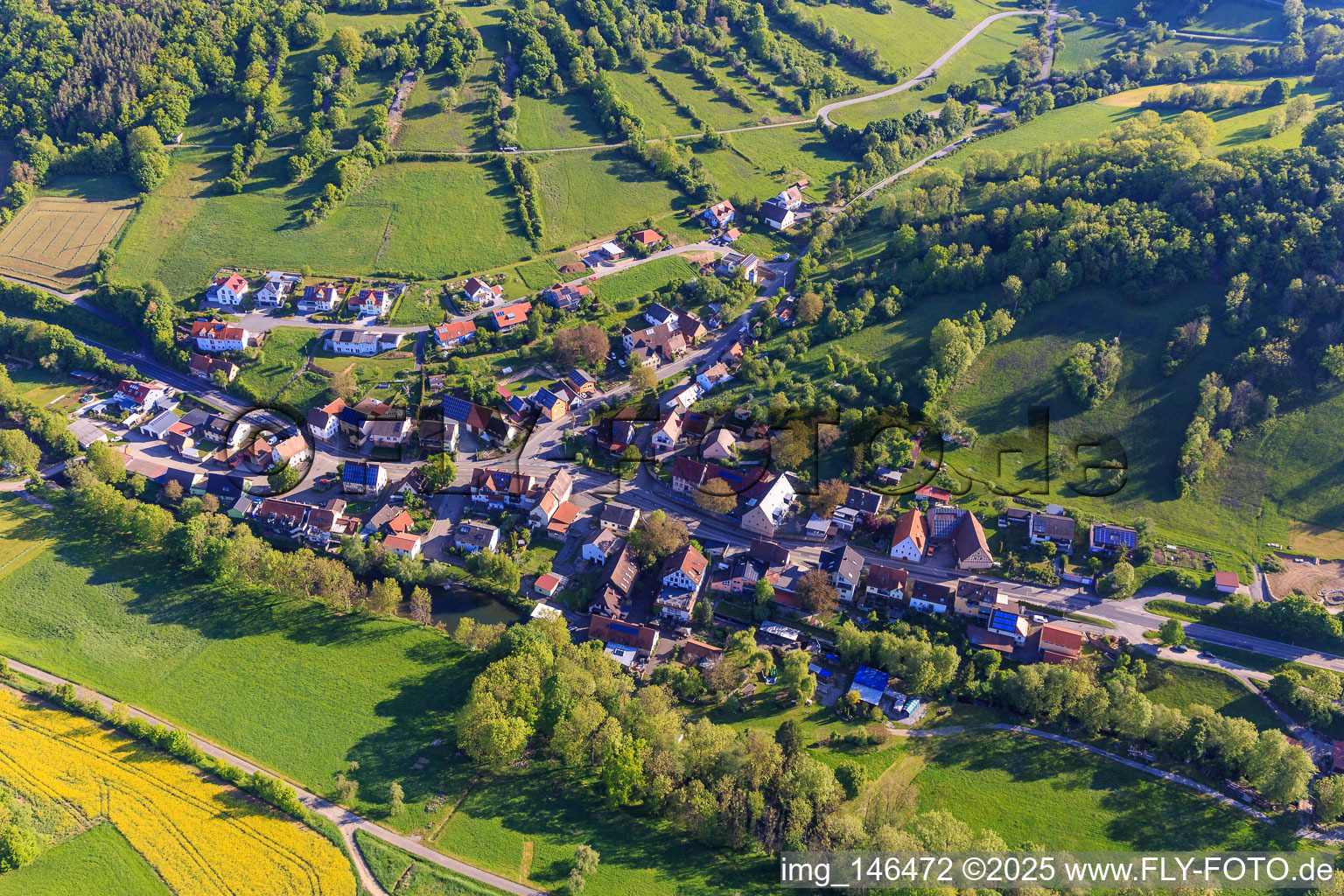 Village view in the lovely Taubertal in the morning from the southwest in the district Craintal in Creglingen in the state Baden-Wuerttemberg, Germany