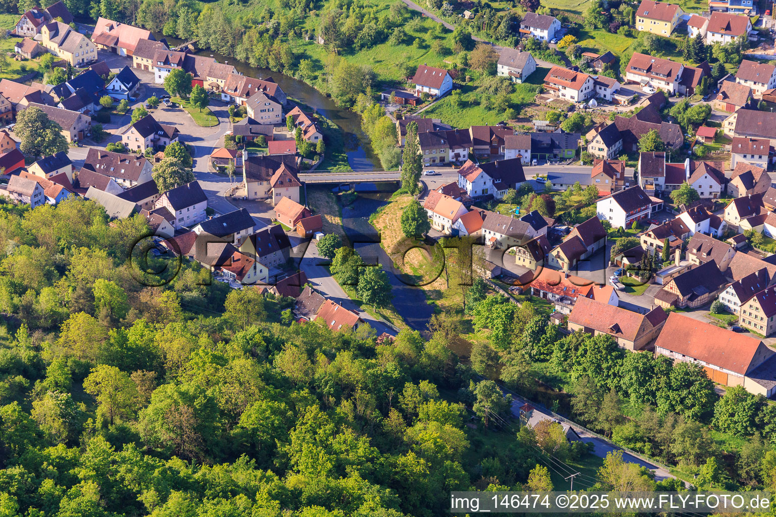 Tauber Bridge in the morning from the northwest in the district Archshofen in Creglingen in the state Baden-Wuerttemberg, Germany