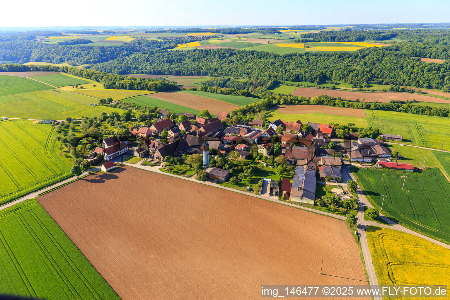 Aerial view of Erdbach district with Ponyhof Erdbach Fjord horse breeding and riding stable in the district Schön in Creglingen in the state Baden-Wuerttemberg, Germany