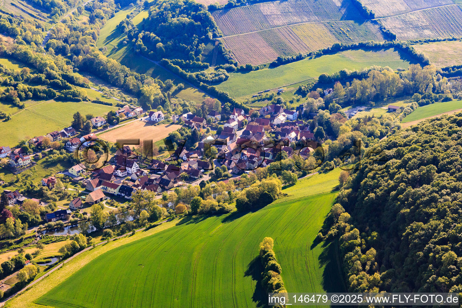 Village view in the lovely Taubertal in the morning from the west in the district Tauberzell in Adelshofen in the state Bavaria, Germany