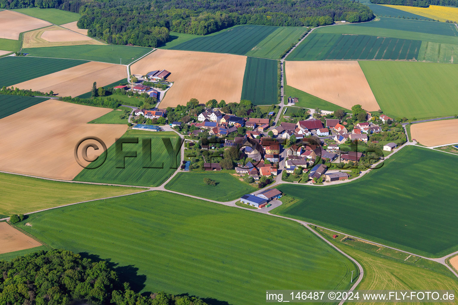 Village view in the morning from the east in the district Schonach in Creglingen in the state Baden-Wuerttemberg, Germany