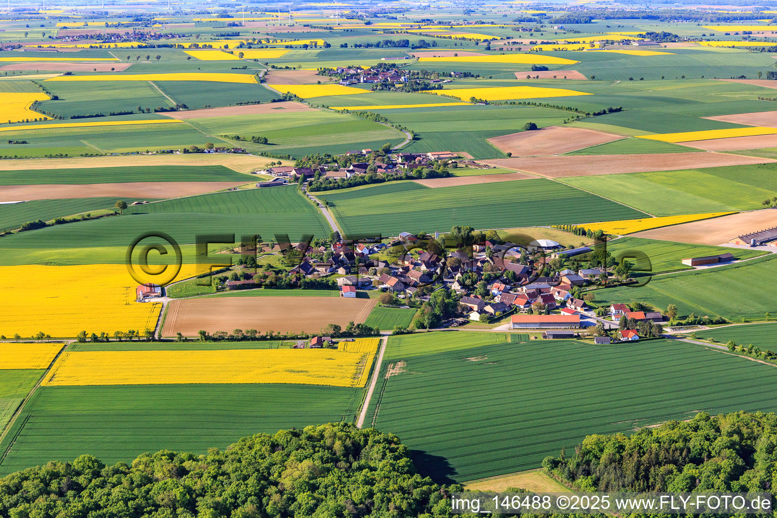 Village view in the morning from the north in the district Wolfsbuch in Creglingen in the state Baden-Wuerttemberg, Germany