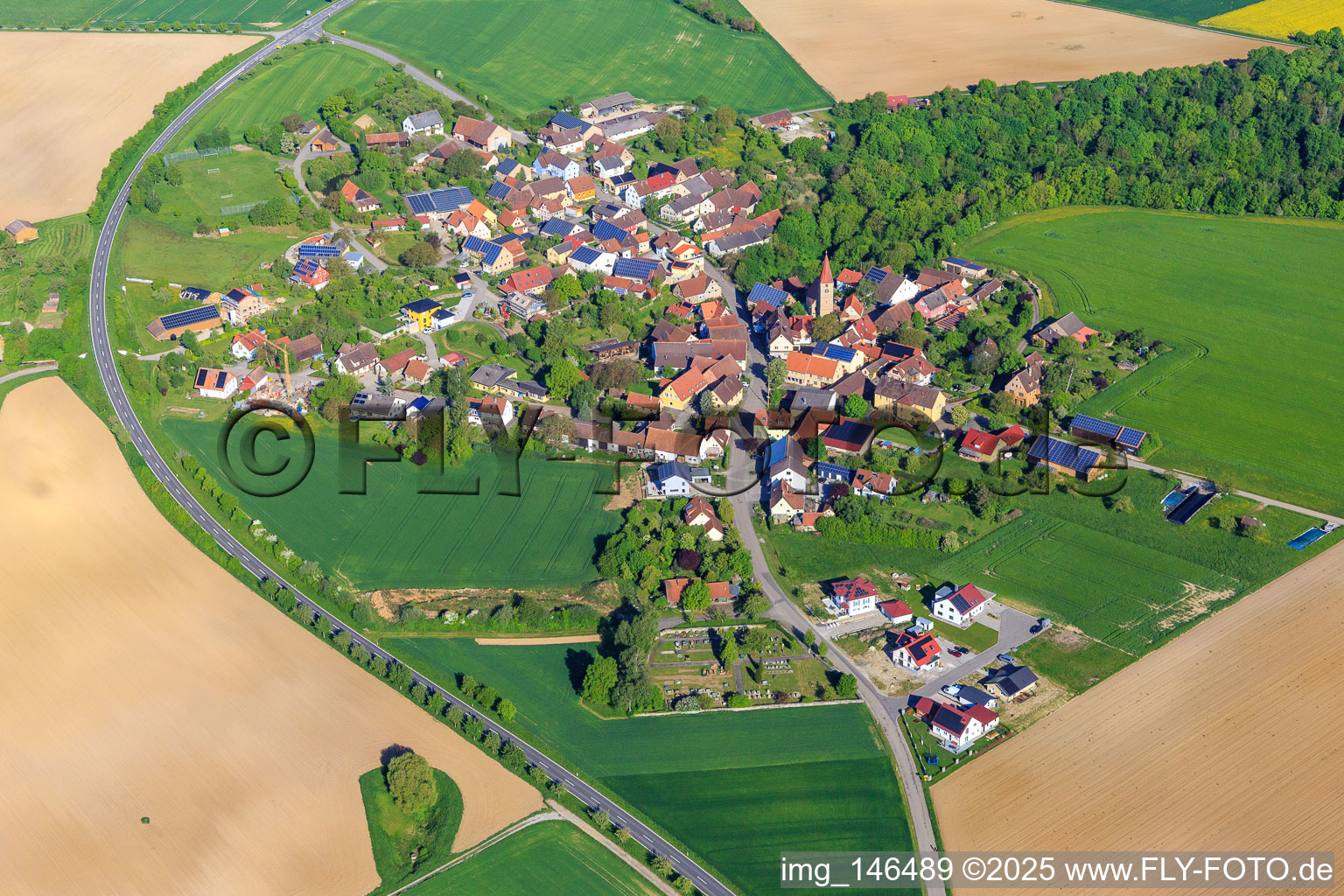 Village view in the morning from the southeast in the district Finsterlohr in Creglingen in the state Baden-Wuerttemberg, Germany