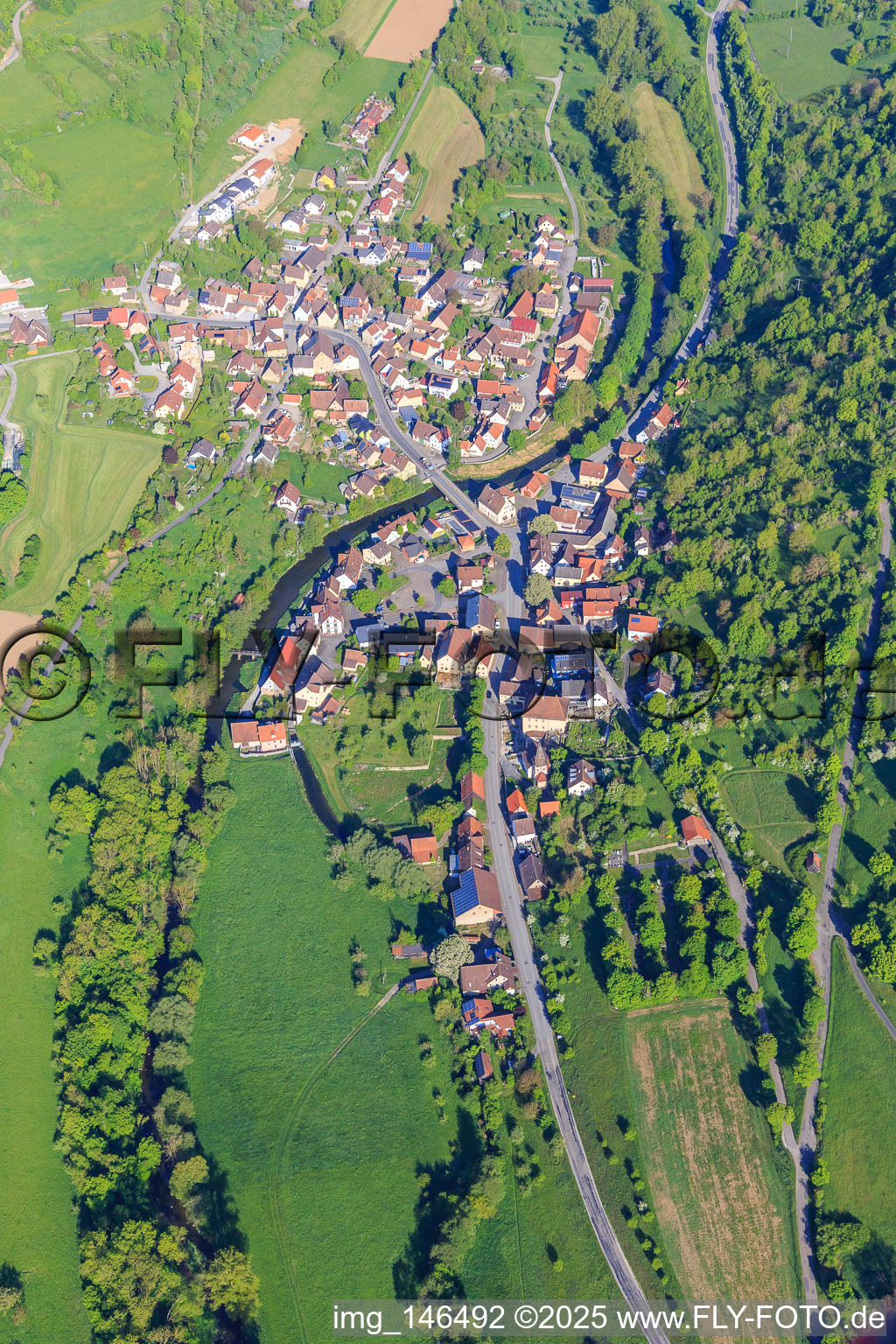 Village view in the lovely Tauberta in the morning from the southeast in the district Archshofen in Creglingen in the state Baden-Wuerttemberg, Germany