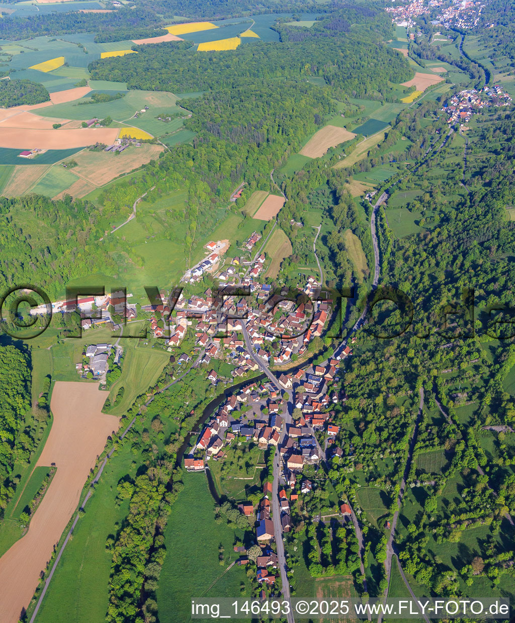 Aerial view of Village view in the lovely Tauberta in the morning from the southeast in the district Archshofen in Creglingen in the state Baden-Wuerttemberg, Germany