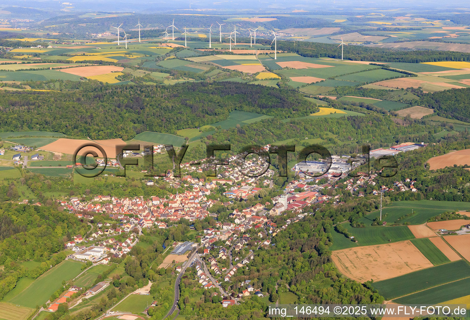 Overview of the lovely Taubertal in the morning from the southeast in Creglingen in the state Baden-Wuerttemberg, Germany